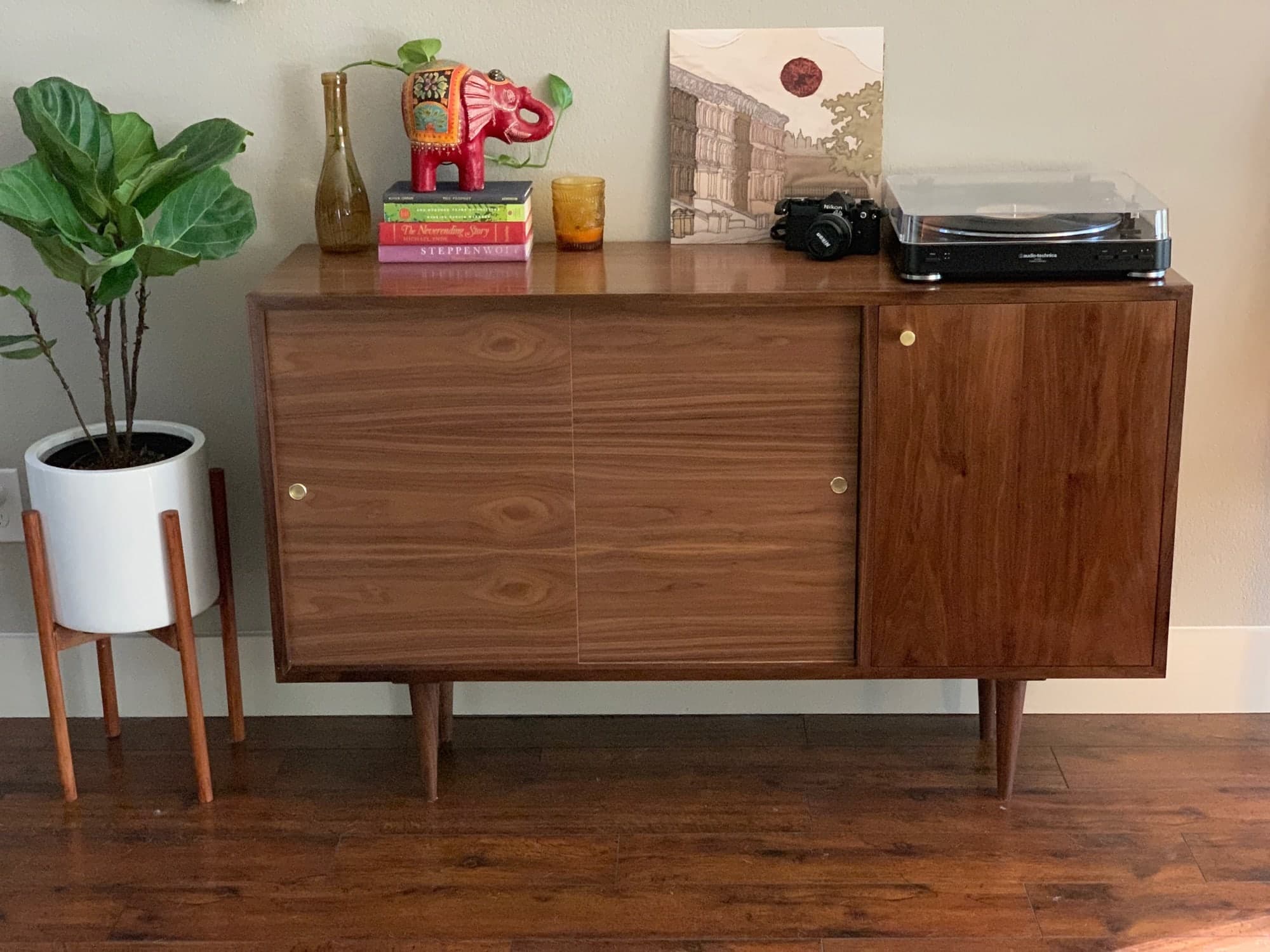Finished credenza, from another angle in my house with decor on and around it