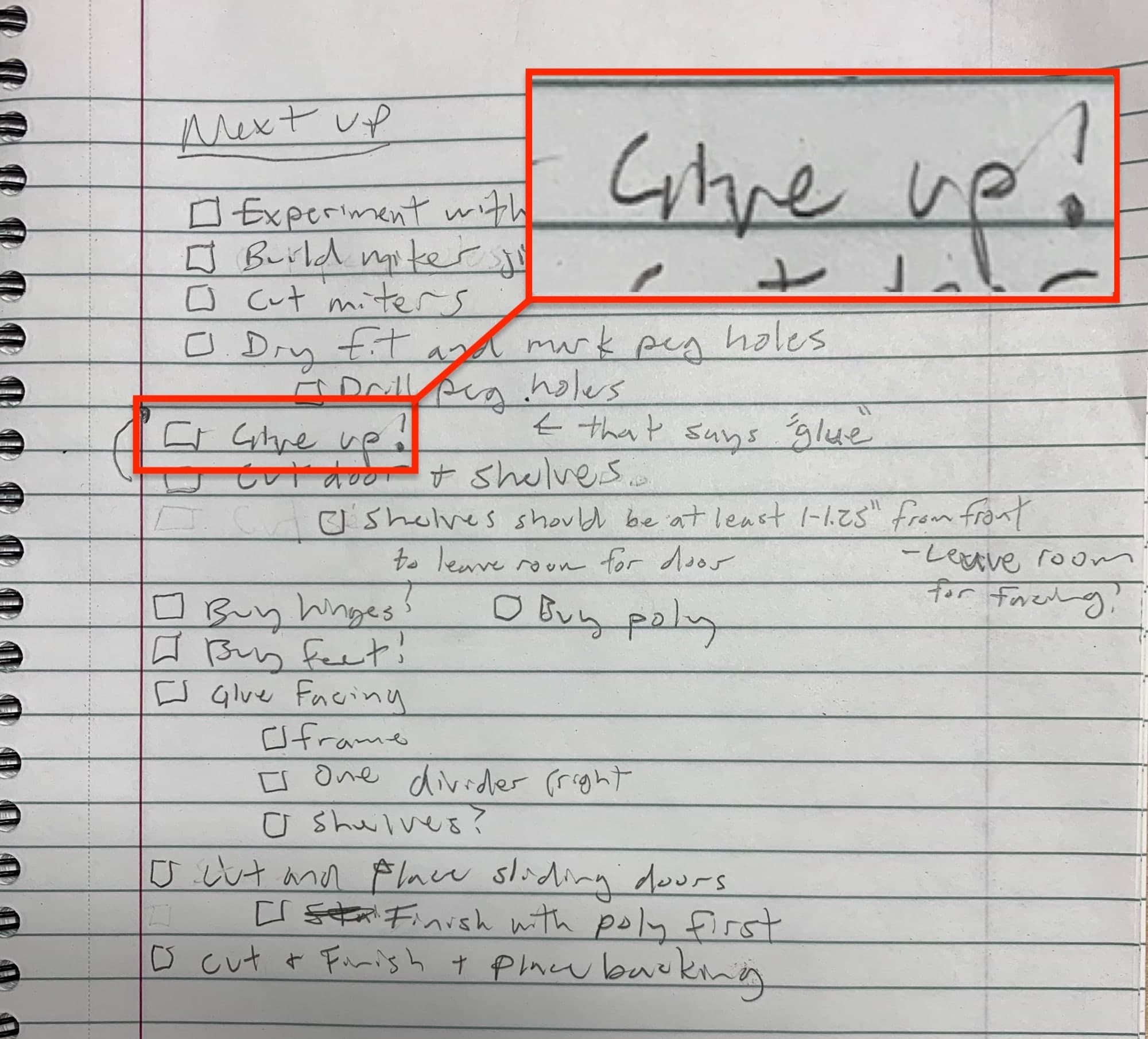 task list with a task called 'glue up' that looks like 'give up'