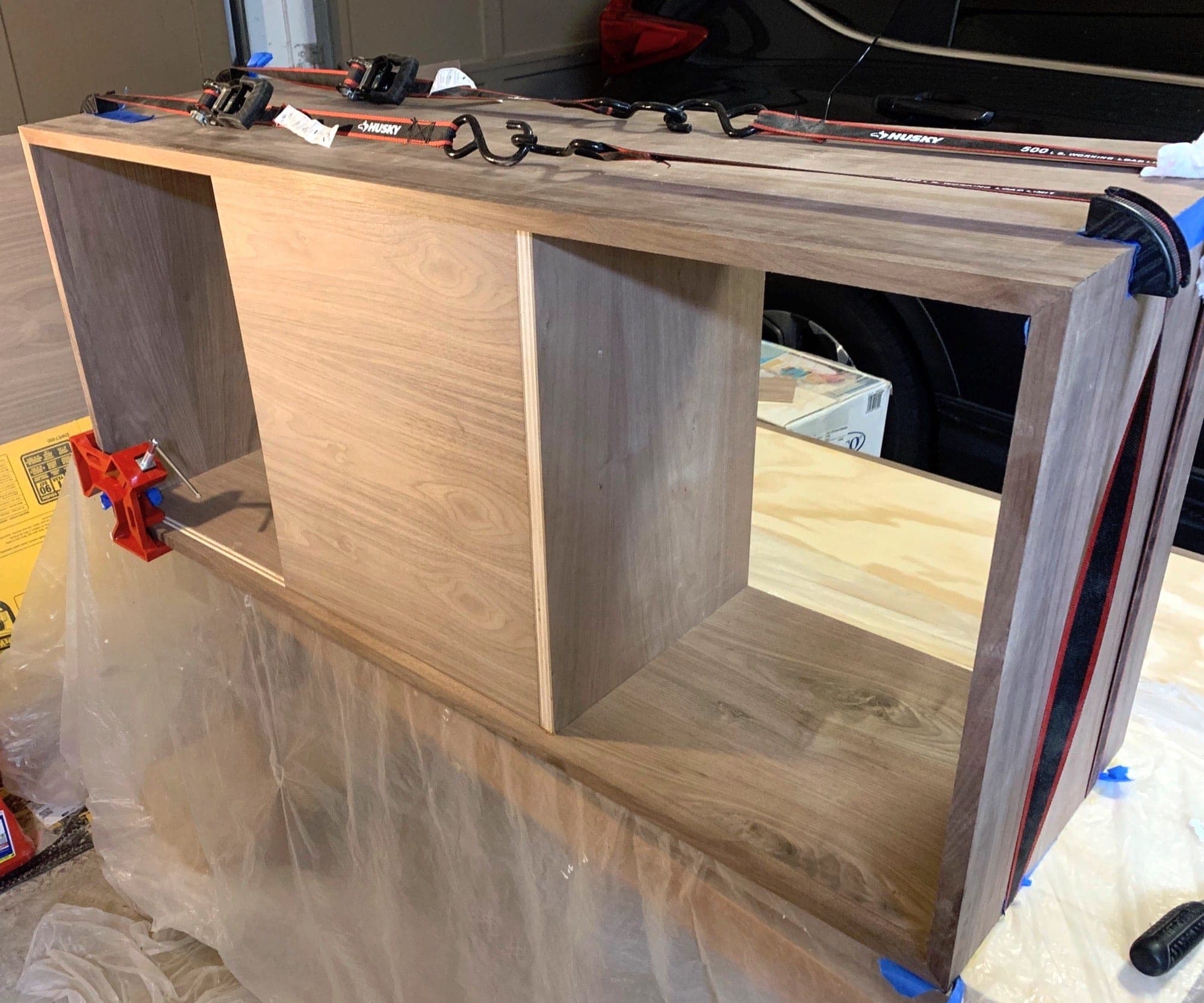 another view of the glue up with the tape removed that was covering some of the joints and with a sliding door installed