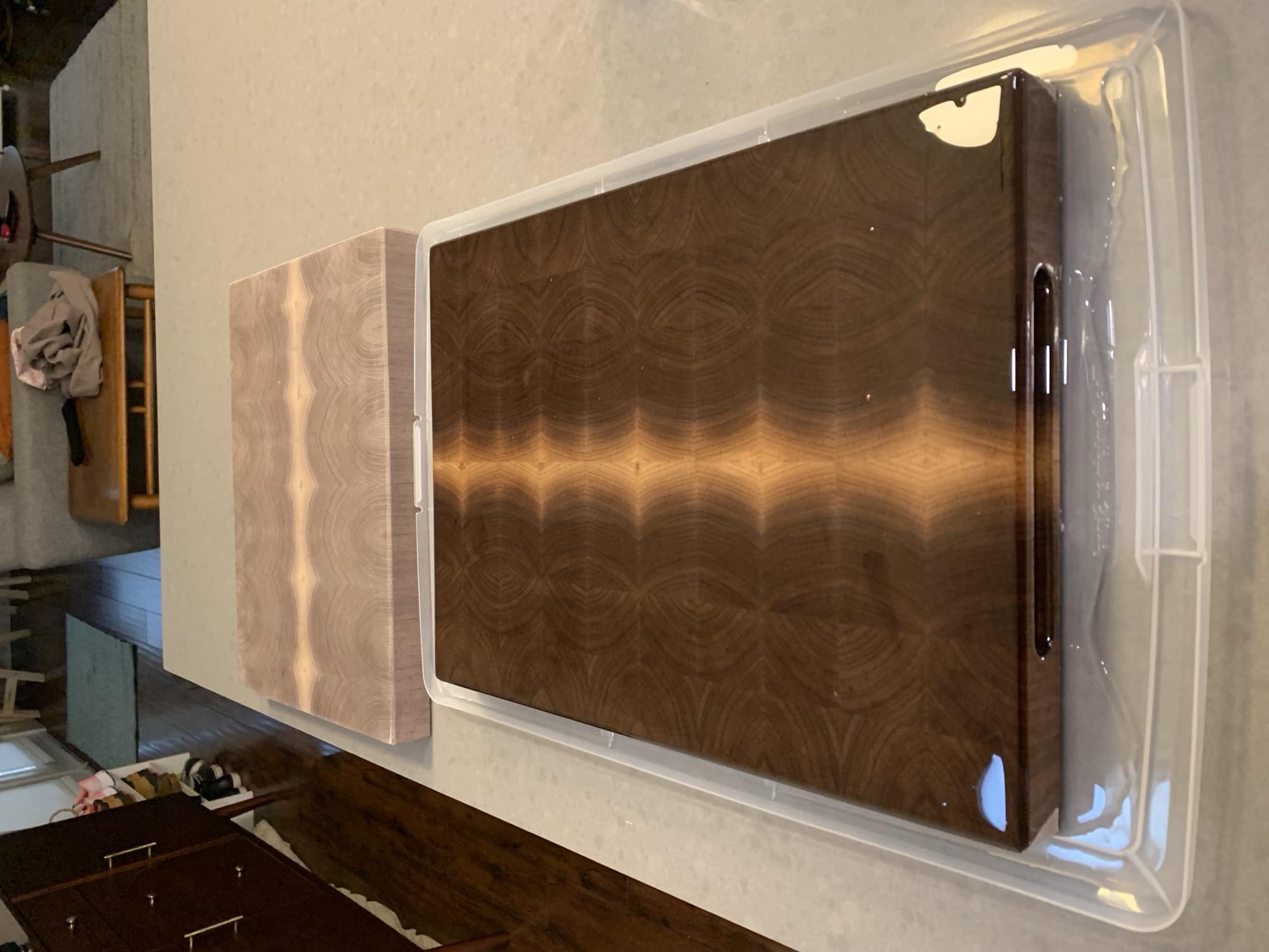 Picture of a cutting board immersed in mineral oil